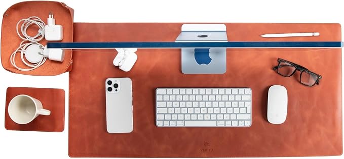 VENITO Leather 3-in-1 Desk Mat Set – Desk Mat (32"x16"), Organizer Tray & Cup Coaster – Full-Grain Leather Desk Pad for Office & Home – Elegant Workspace Accessories for Men & Women, Cinnamon