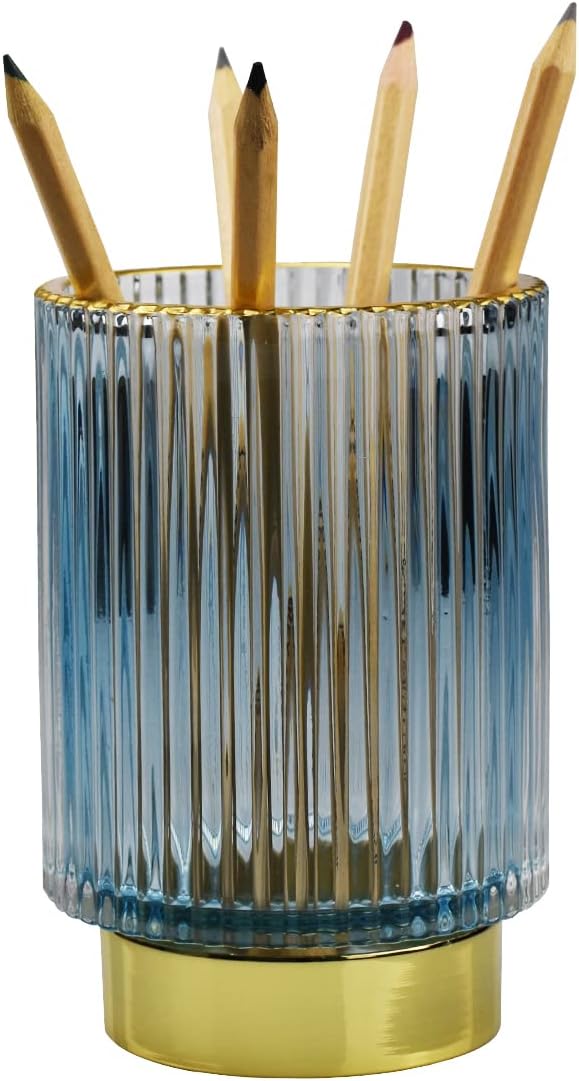 Thick Glass Pen Pot Cute Decorative Pencil Holder Cup for Desk Makeup Brush Holder for Home Office (Blue)