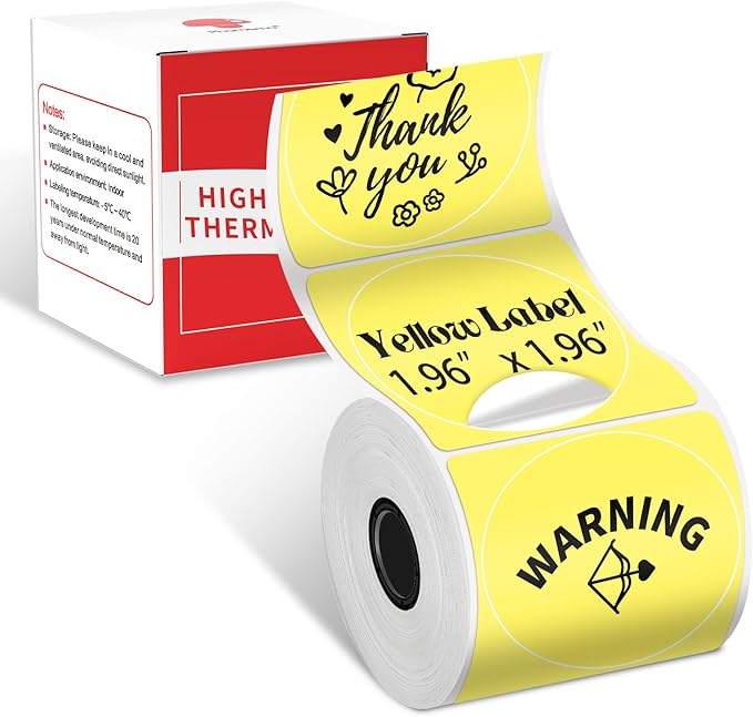 Phomemo Thermal Sticker Label for M110/M100/M220/M250/M108 Label Printer, 1.96" x 1.96"(50x50 mm), Black on Yellow, 140 Labels/Roll, for Barcode/Address/Mailing/Logo/Business/Home Tag
