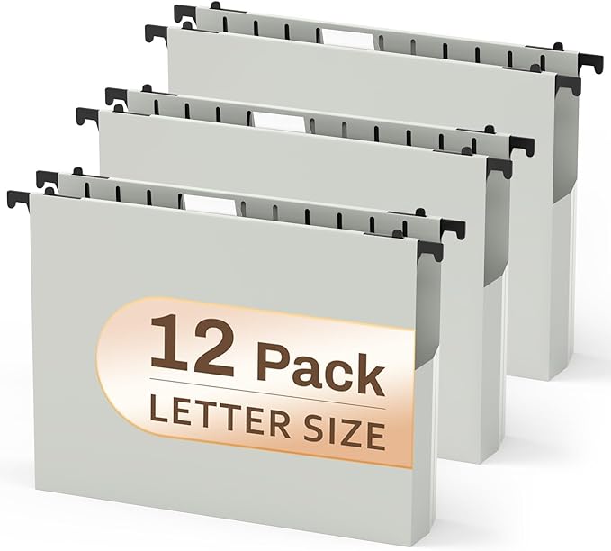 12 Pack Hanging File Folders Letter Size, Letter Size Hanging Folders, Letter Hanging File Folders, Heavy Duty 2 Inch Expansion, Gray File Cabinet Folders Hanging Organizer Home Office School