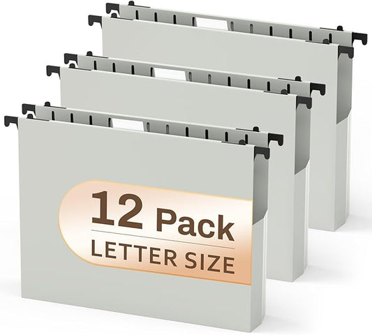 12 Pack Hanging File Folders Letter Size, Letter Size Hanging Folders, Letter Hanging File Folders, Heavy Duty 2 Inch Expansion, Gray File Cabinet Folders Hanging Organizer Home Office School