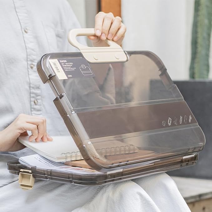 Portable File Box Clear Waterproof Document Storage Box with Snaps PP Files Organizer Cases for A4 Paper Magazines Notebooks School or Office Supplies (1 pcs, Brown)