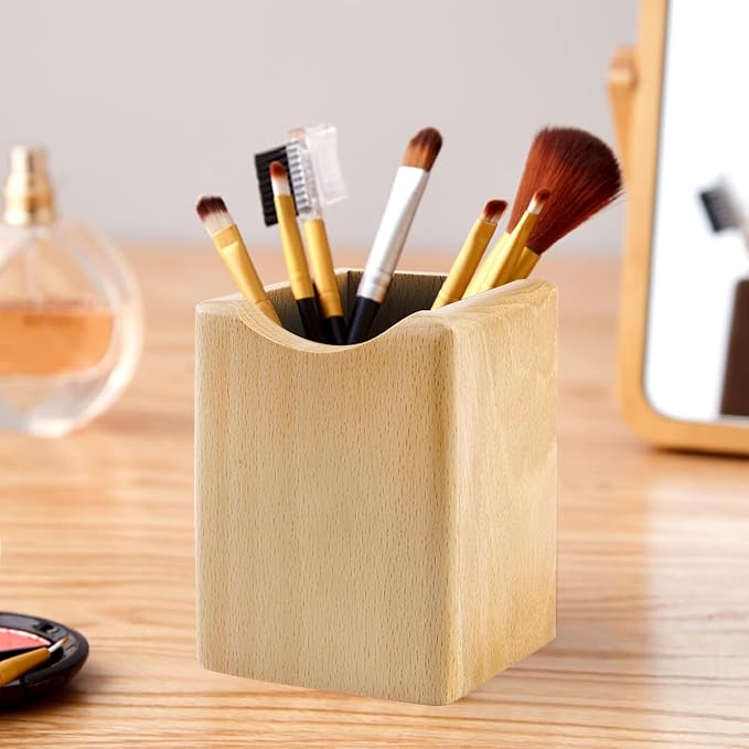 Natural Wooden Pen Box Desktop Stationery Organizer Creative Simple Solid Wood Pencil Holder for Office Supplies (Beech Wood)