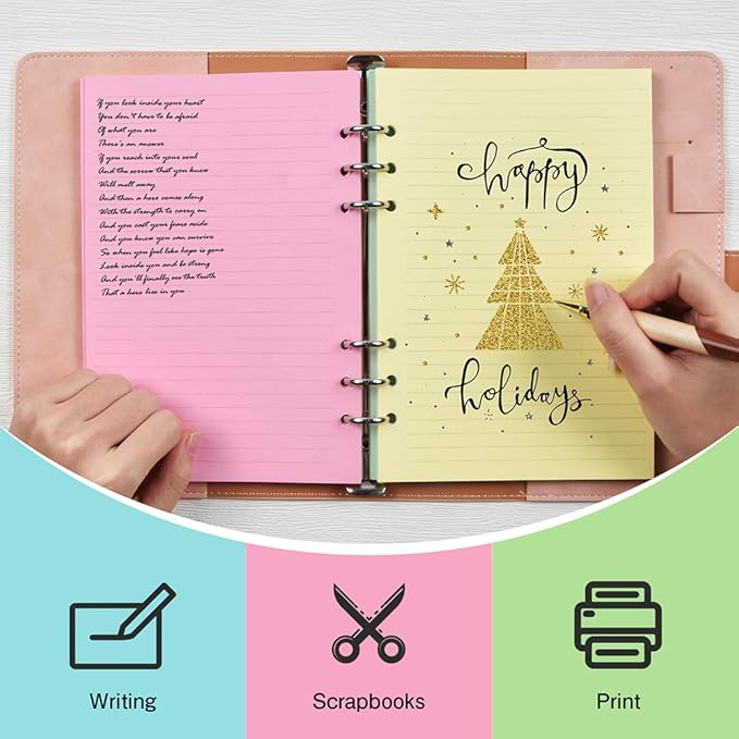 Lined Refill Paper, 200 Colored Ruled Pages for A5 Refillable 6-Ring Binder Notebook Journal Planner Organizer Insert, 120 GSM Thick Loose Leaf Paper