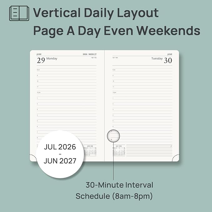 POPRUN 2026-2027 Daily Planner One Page Per Day (Medium - 5.75" x 8.5") - Academic Calendar Book(July 2026 - June 2027), 2026 Day Appointment Book with Pen Holder, Hardcover - Dark Green