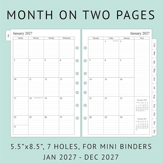 newestor 2027 Weekly & Monthly Planner Refill, 5-1/2" x 8-1/2", Jan 2027 to Dec 2027, 7-Hole Punched for Mini Binders