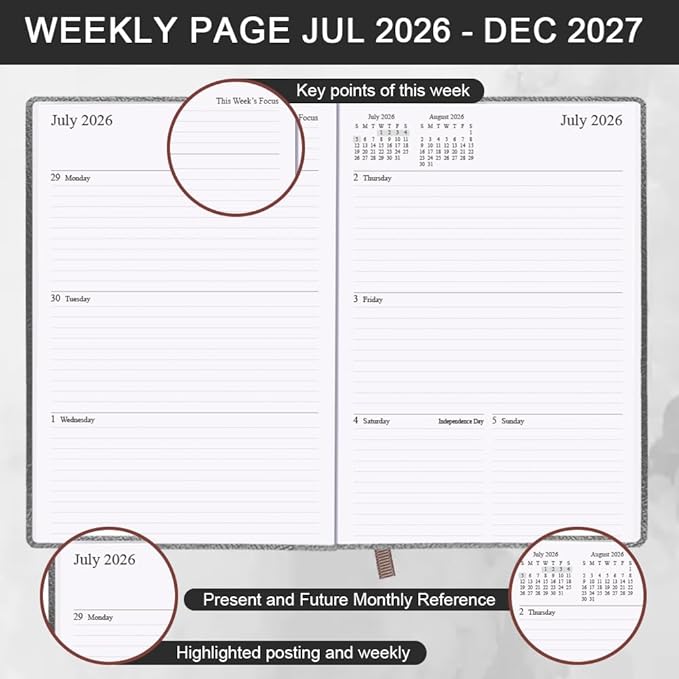 2026-2027 Planner - Weekly & Monthly Planner Runs from July 2026 to Dec 2027, 5.8" x 8.25", 18 Month Planners, 14 Notes Pages, Inner Pocket, PU Leather Hard Cover, Brown Monthly Planners 2026-2027
