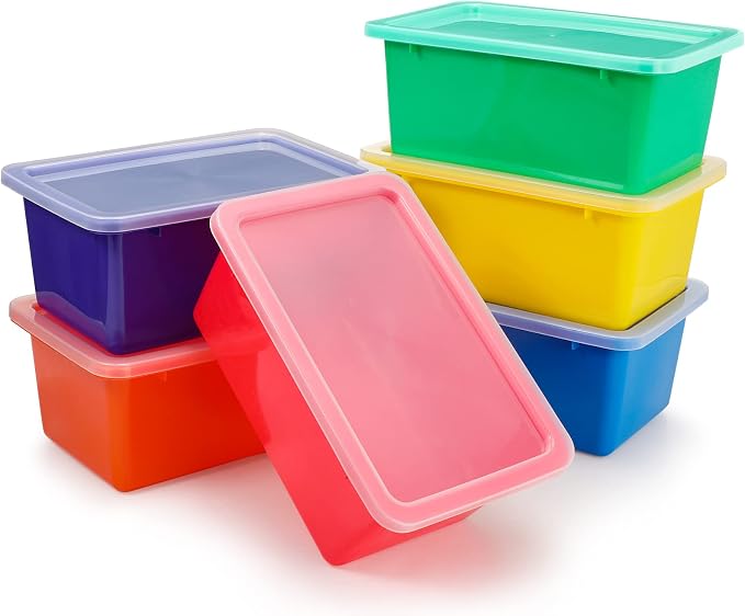 12 Pcs Bins for Classroom Plastic Storage Bins with Lids Storage Bins Storage Organizer Bins Plastic Shelf Containers 15 Sheets Self Adhesive Labels for Classroom School Home Office Supplies