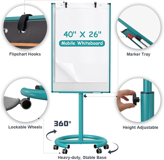 Mobile Whiteboard on Wheels, 40x26 Inches Magnetic Dry Erase Board with Stand, Standing White Board with Paper Pads, Portable Rolling Dry Erase Board for Classroom, School, Office, Home, Teacher