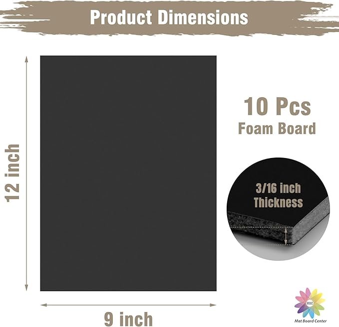 Mat Board Center, Pack of 10 Acid-Free Foam Boards, 9x12 inch Black Foam Boards, 3/16" Thick