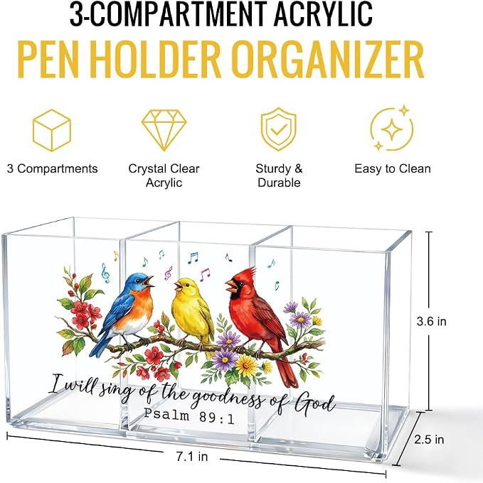 Chistian Bird Acrylic Pen Holder for Desk, I Will Sing Of The Goodness Of God Psalm 89:1 Bible Verse Desk Organizer for Office Home, Back to School Gifts for Women Teachers Coworkers Friends