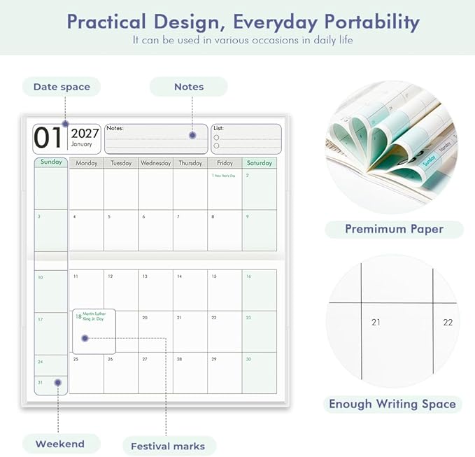Pocket Calendar 2027-2028 for Purse, Small Pocket Planner 2027-2028 for Purse 3.5×6.5In, 24 Month Organizer from Jan 2027- Dec 2028 Mini Planner with Pvc Cover for Organizing & Planning