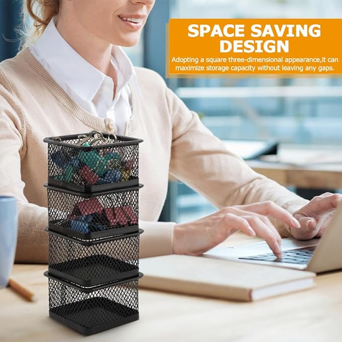 Paper Clip Holder, Stackable Mesh Desk Organizer, 4 Pack Black Metal Dispenser Organizer Box for Desk Office Binder Supplies & Small Accessories(Size:Square)