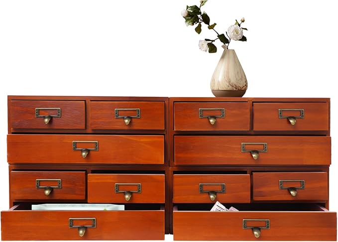4 Pcs Vintage Wood Desktop Organizer, 4x3 Drawer Apothecary Cabinet with Metal Handles, Stackable Storage for Office Home School, Makeup Jewelry Tea Stationery Herbs