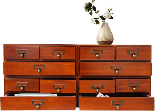 4 Pcs Vintage Wood Desktop Organizer, 4x3 Drawer Apothecary Cabinet with Metal Handles, Stackable Storage for Office Home School, Makeup Jewelry Tea Stationery Herbs