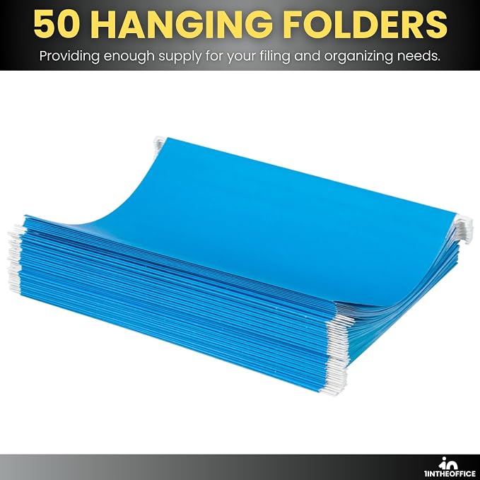 1InTheOffice Blue Hanging File Folders Letter Size, Adjustable Tabs, Letter Size File Folders Hanging, File Cabinet Dividers, 50 Pack