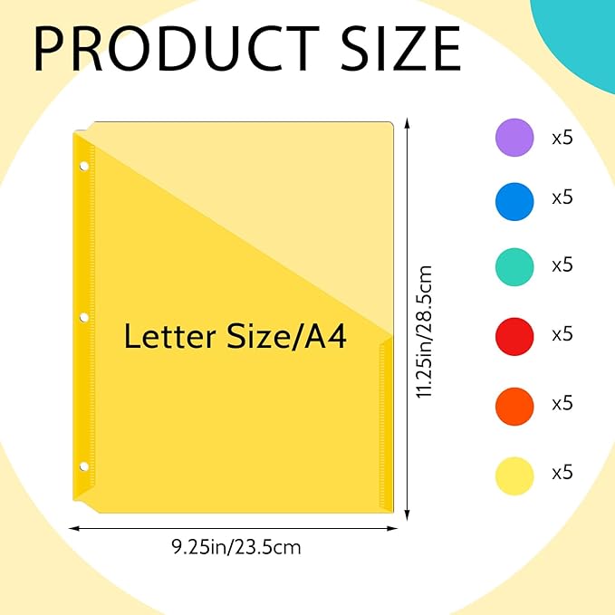 Maitys 30 Pack Binder Pockets 3 Hole Punch Clear Plastic Document Folders Binder Organizer Store Letter Size 8.5x11 Inch Paper Folders with Pockets Slash File Jacket for Office (Rainbow Color)