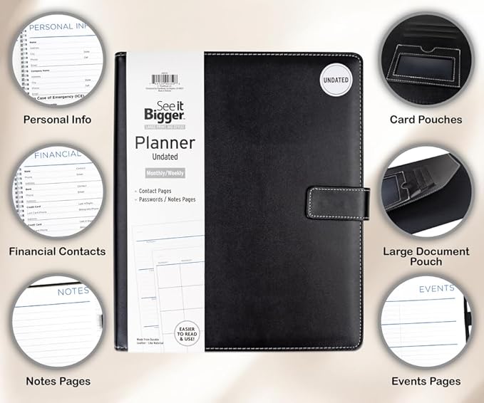See It Bigger Large 15-Month Padfolio Undated Planner – Black 11.75"x10" Monthly & Weekly Dated Organizer with Removable Lined Notebook, Interior Pockets, and Large Print for Work & Personal Use