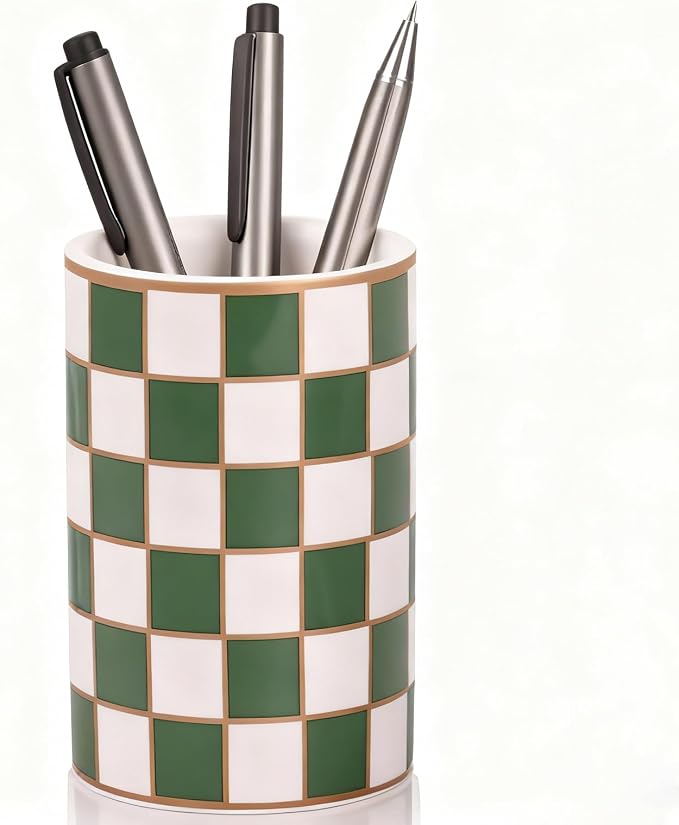 Ceramic Checkered Pen Holder For Desk,Cute Stand Black And White Pencil Cup,Durable Ceramic Pencil Cup, Decorative Makeup Brush Holder Cup, Stationery Holder for Office, School, Home (Green)