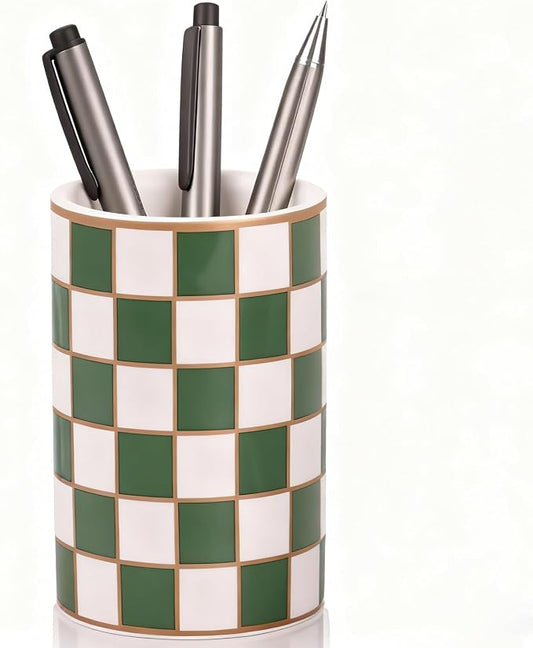 Ceramic Checkered Pen Holder For Desk,Cute Stand Black And White Pencil Cup,Durable Ceramic Pencil Cup, Decorative Makeup Brush Holder Cup, Stationery Holder for Office, School, Home (Green)