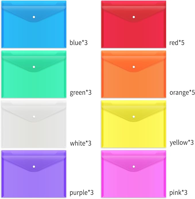 EOOUT 28pcs Plastic Envelopes, Plastic Folders for Documents, Poly Folders with Snap Closure, 8 Colors, A4 Size, Letter Size, for School and Office Supplies