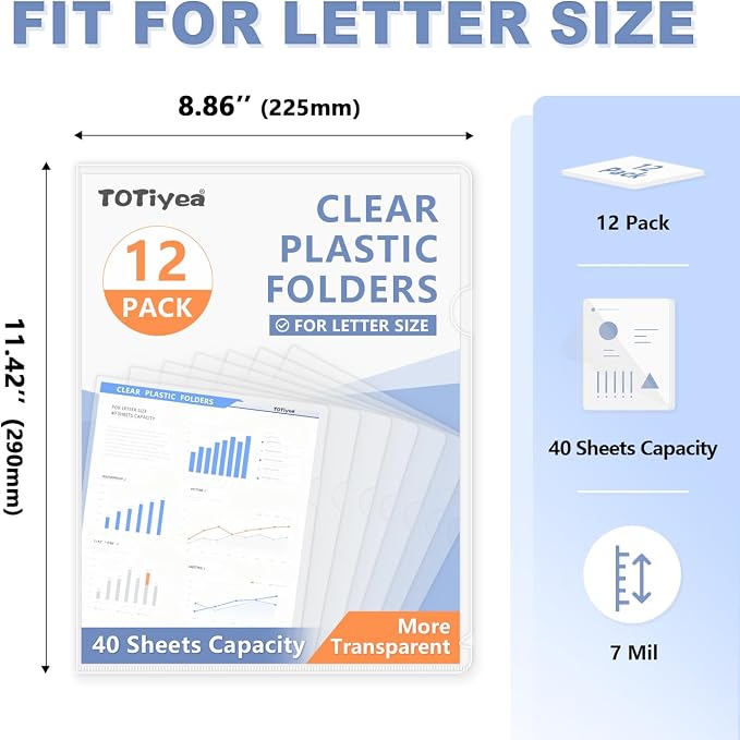 TOTiyea 12 Pack Clear Folder, 7Mil Plastic L-Type Folders, Clear Copy Safe Project Pocket, Fits Letter Size 8.5x11 Paper, Transparent