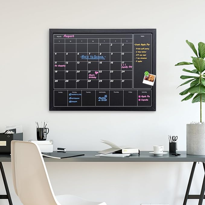 3-in-1 Chalkboard Calendar for Wall, Magnetic Monthly & Weekly Calendar, 22.8x16.9 inches Blackboard for Wall with Black Wood Frame, Hanging Chalkboard for Decor/Memo(YL+ZL-HB-BK,4358)