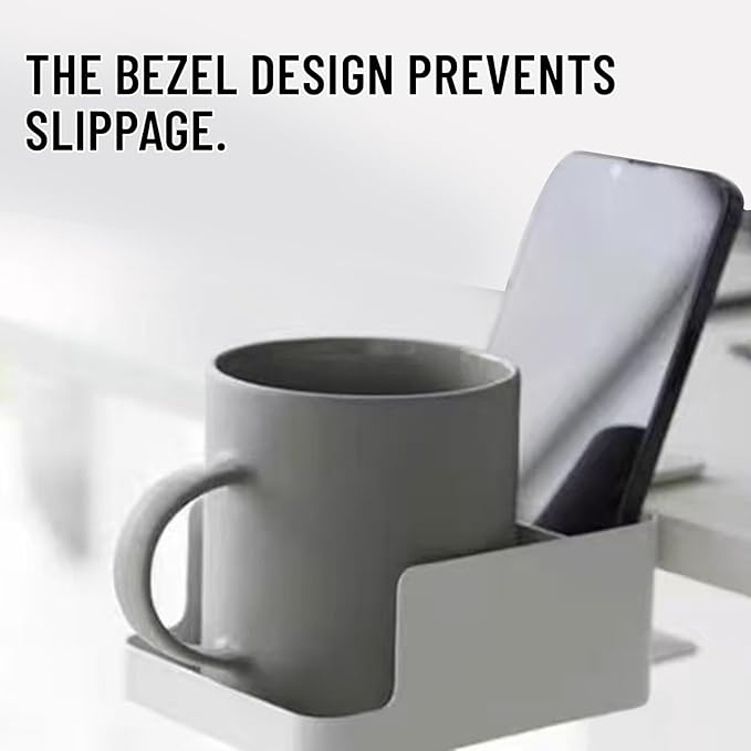2-in-1 Wite Anti-Spill Desk Cup Holder Clamp on Desks Edge, Cups and Phone Storage for Desktop, Desk Cup Holder Clamp use for Office and Home, 1Pack