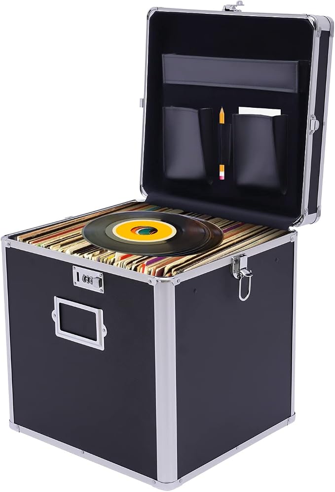 Record Storage Box, 50 Album Holder Locking Storage Box, Briefcase Security Lock Box for Personal Items Cash Laptop