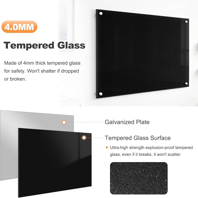 Black Dry Erase Board, 24" x 18" Magnetic Large Black Glass Board Frameless Wall Mounted Glass Whiteboard for Office, School & Home with 1 Acrylic Marker Tray & 3 Strong Magnets