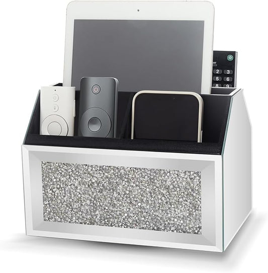360 Rotating TV Remote Control Holder Storage Caddy for Pad Phone Pen and Pencils, Makeup Brush, Silver Crushed Diamond Desk Organizer for Bedroom Livingroom