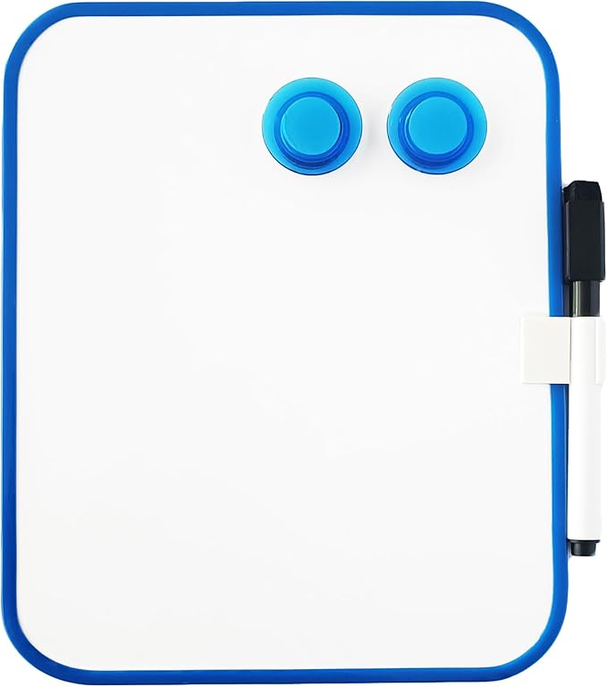 Magnetic Dry Erase Board for School Locker, 6" x 8", Blue Framed with Marker and 2 Magnets - Small Whiteboard for Classroom, Home, Office, Travel