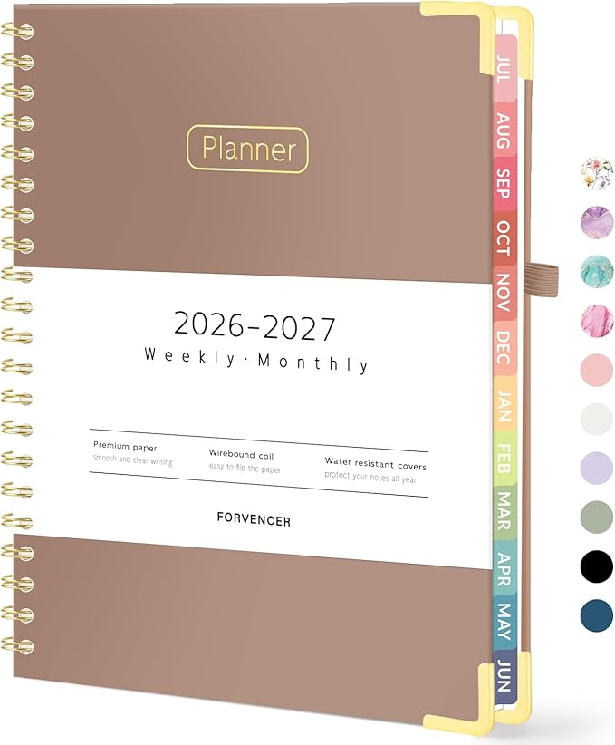 Forvencer Academic Planner 2026-2027, Hardcover Calendar Planner Weekly & Monthly, July 2026 - June 2027, 8.5" x 11", Daily Agenda with Tabs, College School Organizer for Student Teacher, Brown