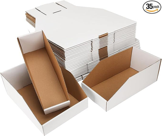EXYGLO Cardboard Storage Bins Assorted Sizes, 35 Mixed Pack Cardboard Boxes,18 Pack 12x4x4.5, 12 Pack 12x6x4.5, 5 Pack 12x8x4.5 Corrugated Organizer Bins for Pantry, Shelves, Garage, Office, Shop