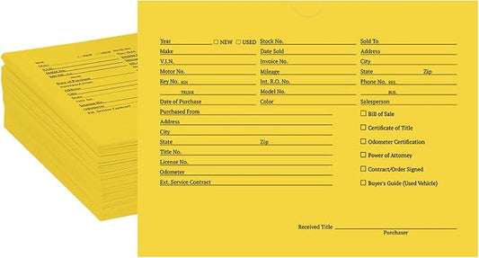 100 Pack Vehicle Deal Jackets for Dealerships, 9X12 Inch Printed Vehicle Deal Envelopes, Car Sales Deal Folders, Dealer Record Envelopes (Yellow)