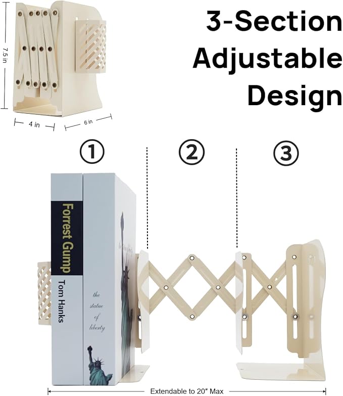 Adjustable Book Ends for Heavy Books, Metal Expandable Bookends for Shelves, Book Organizer Stopper Holder for Desk, Kids Room, Classroom, Office, Library (Beige)