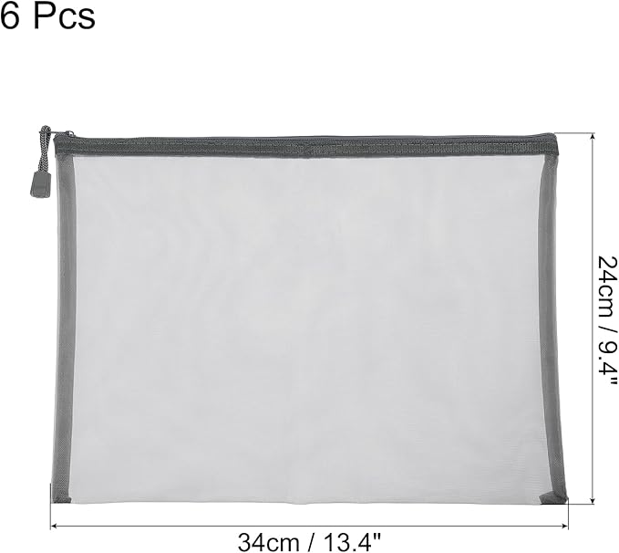 MECCANIXITY Mesh Zipper Bags, A4 Nylon Zip Pouch Pencil Case Storage Pockets for Travel Office Accessories, Gray Pack of 6