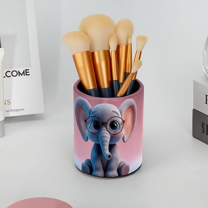 Leather Pen Holder for Desk, Cartoon Elephant Makeup Brushes Holder Pencil Cup Multifunctional Desktop Organizer Caddy for Home School Office Desk Accessories