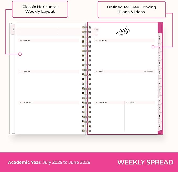 Blue Sky Color Me Courtney 2025-2026 Weekly and Monthly Academic Year Planner Calendar, July 2025 - June 2026, 5" x 8", Flexible Cover, Wirebound, Laminated Tabs, Storage Pocket, Bloom Pink