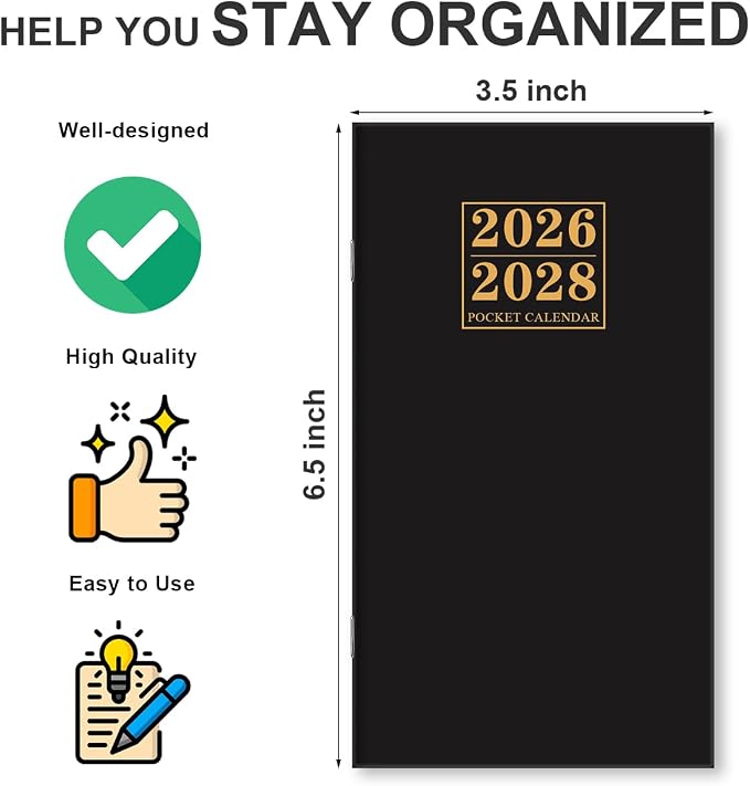 2026-2027 Pocket Calendar for Purse – Mini Monthly Planner from July 2026 to June 2028, 2 Year Monthly Calendar for Organizing & Planning, 3.5" x 6.5", Black