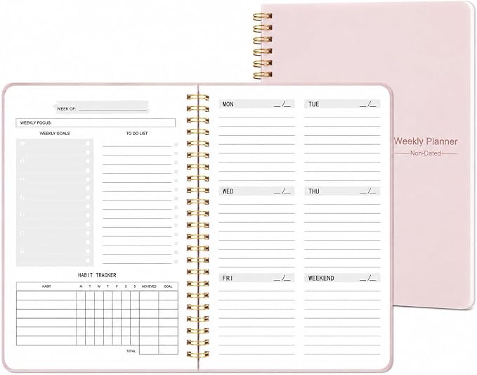 Undated Weekly Planner Notebook, 52-Week To-Do List Organizer with Weekly Goals, Habit Tracker and Priority Planner, Spiral Bound 5.7" x 8" Planner for Women and Men