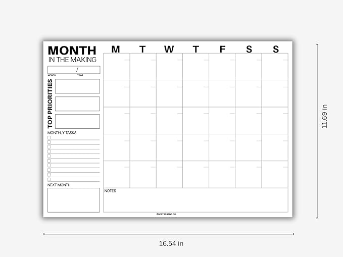 Undated Monthly Planning Calendar Sheets by Sorted Mind Co - 24 Tear-Off Sheets A3 Size - Premium Planner Pad for Students Office & Home Organization - Large Organizer for Goals Tasks To Do Lists