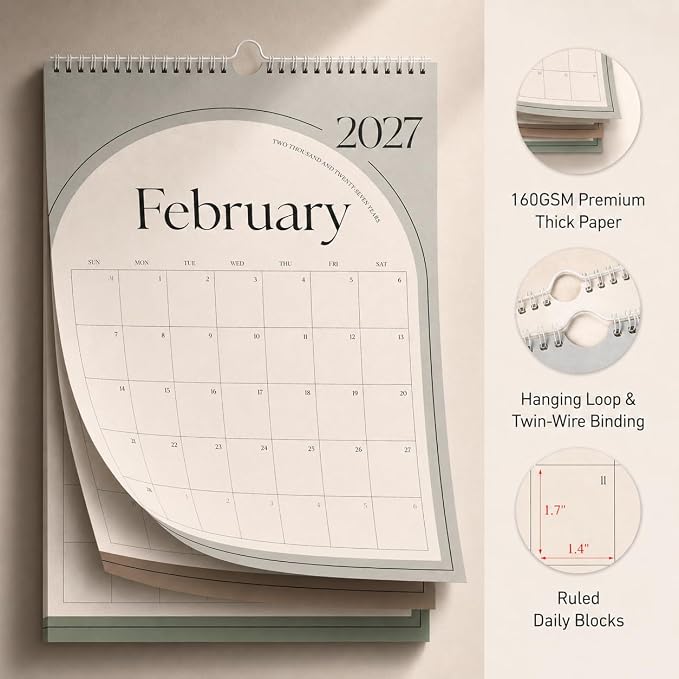 Aesthetic Wall Calendar 2026, 18 Monthly Vertical Calendar January 2026 to June 2027, 15" x 10" Modern Wall Hanging Calendar for School, Home, Office for Monthly Organizing & Planning (Green Vertical)