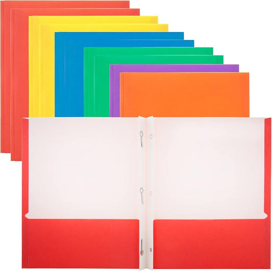 BAZIC Products Asst. Color 2-Pocket Portfolios with 3-Prong Fastener, for Filing Office Home, Case of 100