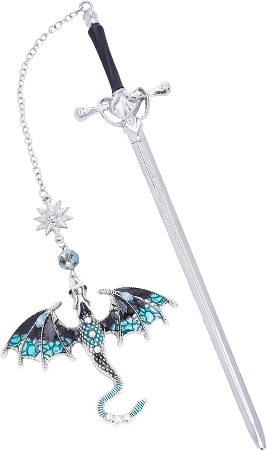 Fantasy Fourth Wing Bookmark - Sward Dragon Book Mark for Men Vintage Tassel Metal Pendant Antique Silver Blue Book Marker Reading Lovers Gifts Birthday Teacher Readers