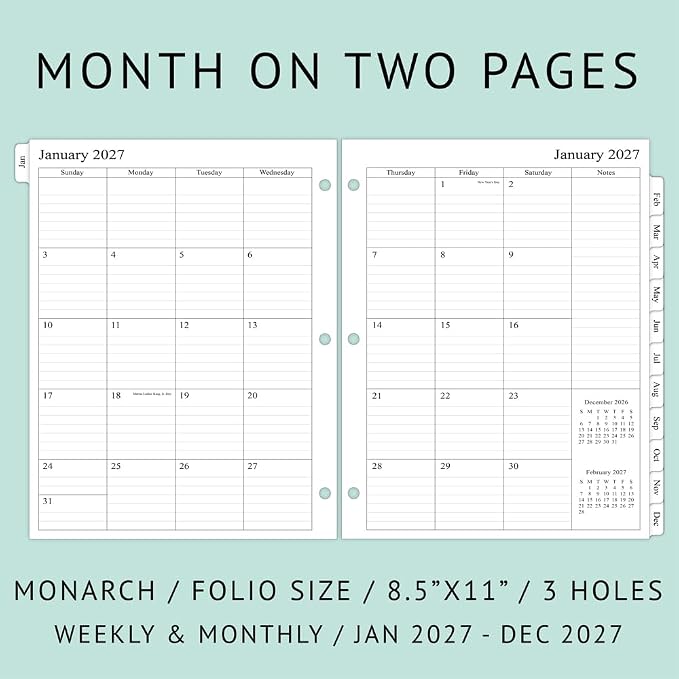 newestor 2027 Weekly Planner Refills for 3-Ring Binder with Monthly Tabs, Two Pages Per Week, 8-1/2" x 11", Folio Size 5 / Monarch