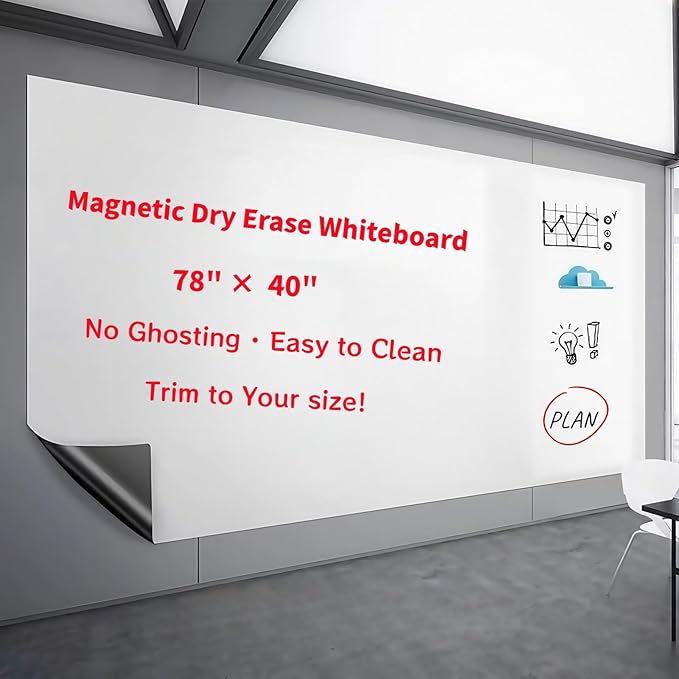 Extra Large Magnetic Dry Erase Whiteboard 78"x40" - Self-Adhesive Flexible Wall Board for Conference, Office, Classroom w/ 11 Markers, 6 Magnets, Eraser & Holder, Ultra Smooth, No Ghosting, Easy Erase