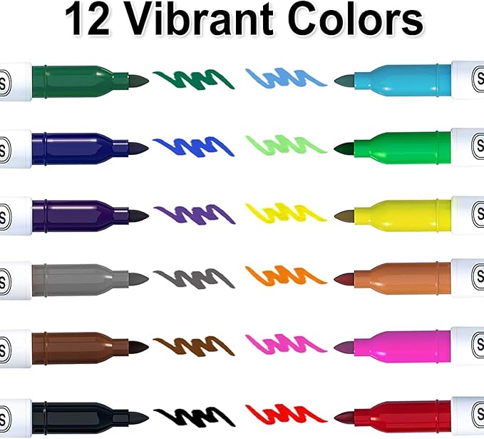 Shuttle Art 144 Pack Permanent Markers, Permanent Marker Assorted Colors, 12 Bright Colors Fine Point Permanent Markers For Students and Adult Coloring on Wood, Stone, Glass as Office, School Supplies