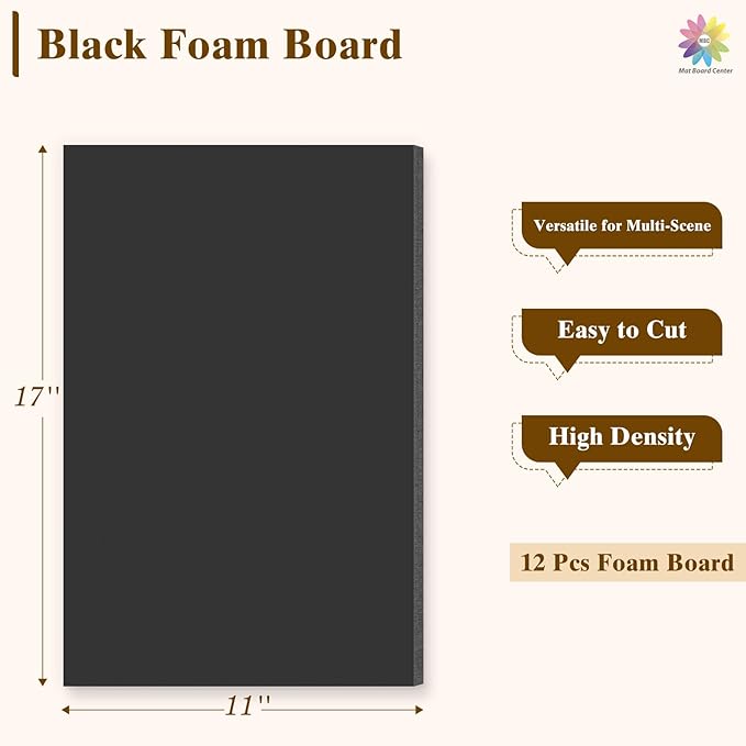 Mat Board Center, 12 Pack 11x17 Black Foam Boards, Acid Free Foam Core Board, 1/8 inch Thick