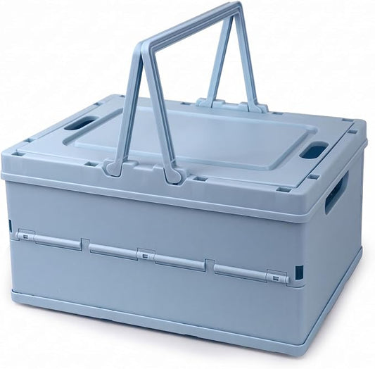 Collapsible Storage Crate, Foldable Plastic Basket with Lid and Handle, Foldable Storage Box Crate Bin for Home Kitchen Office Bathroom Bedroom Pantry (Blue)